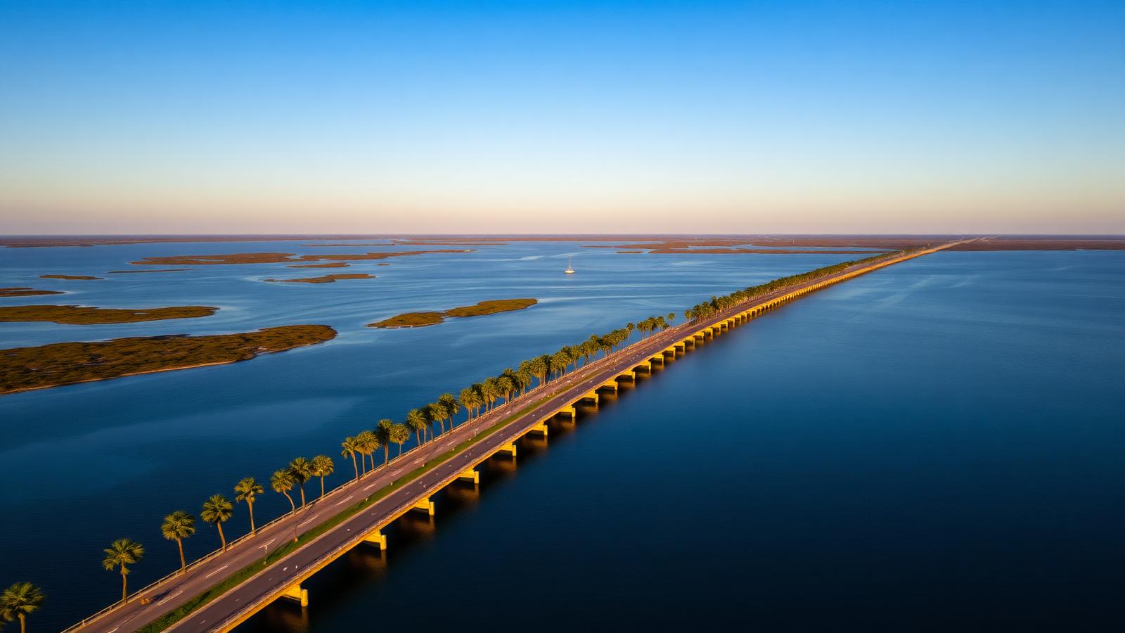 Aerial view of a palm-lined causeway over the Indian River lagoon in Brevard County, Florida